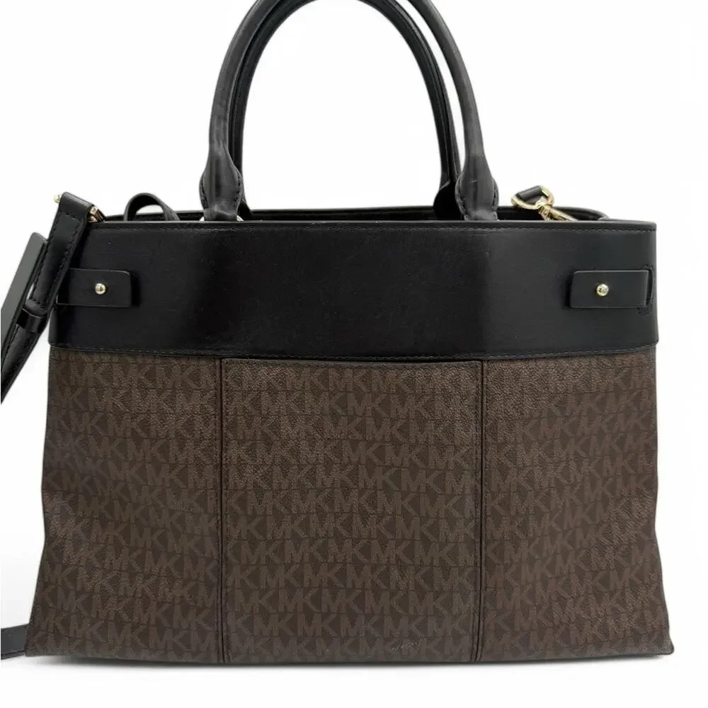 Michael Kors Hamilton Lock Tote Brown MK Monogram Leather Trim Large
